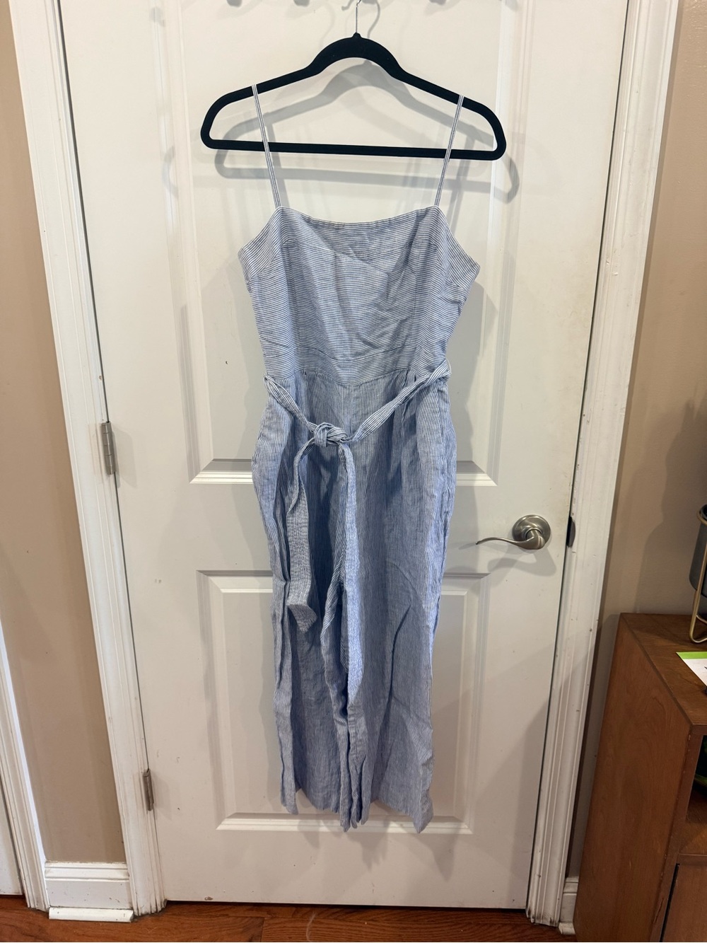 J. Crew Light Blue Striped Spaghetti Strap Jumpsuit with Self-Tie Waist
